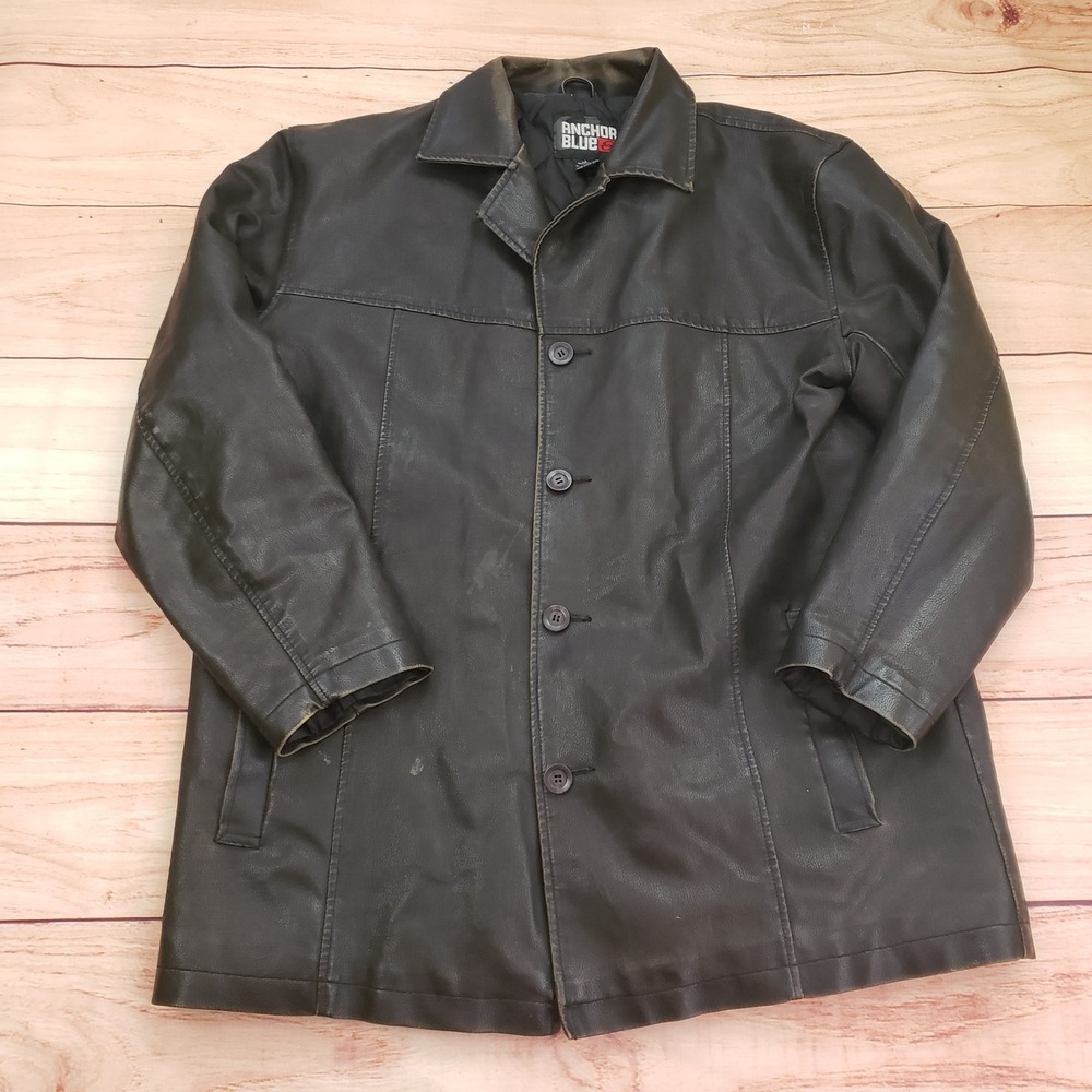 VINTAGE Anchor Blue Jacket Mens Large Black Faux Leather Button Front Coat